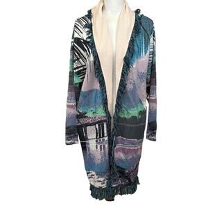 Aldo Martins for Anthropologie Blue Sunset Print fringed jacket, large, eclectic